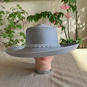 Chic Striped Gray Hat With Pearl Accent Band